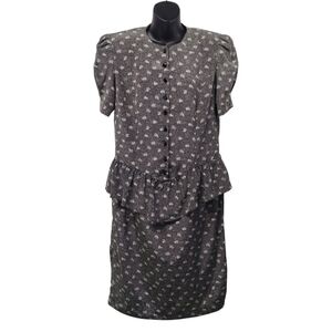 Vtg 80s Liz Roberts Black White Ruched Short Sleeve Dress Size 12